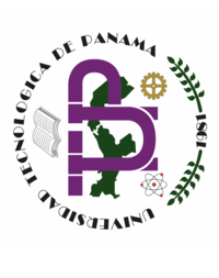 Circular technology university logo featuring a purple map of Panama, a gear, an atom symbol, and laurel-like leaves, with surrounding text reading 'Universidad de Panama' and 'Tecnologica' (emblem of Panama's technology university).