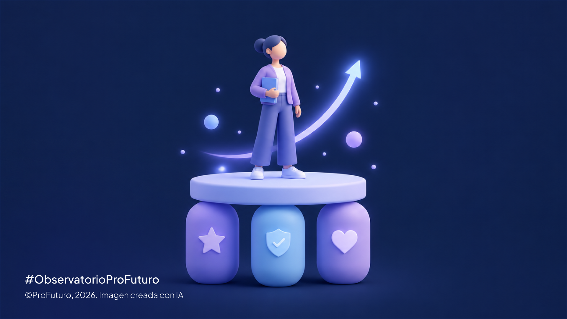 observatorio_pf_21_octubre_2026_Artículo Web Person standing on a white platform with a glowing upward arrow, symbolizing growth and progress in a dark blue scene with stars and orbs.