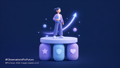 3D figure standing on a platform with three rounded blocks (star, shield, heart) and a glowing upward arrow; hashtag #ObservatorioFuturo in the corner.